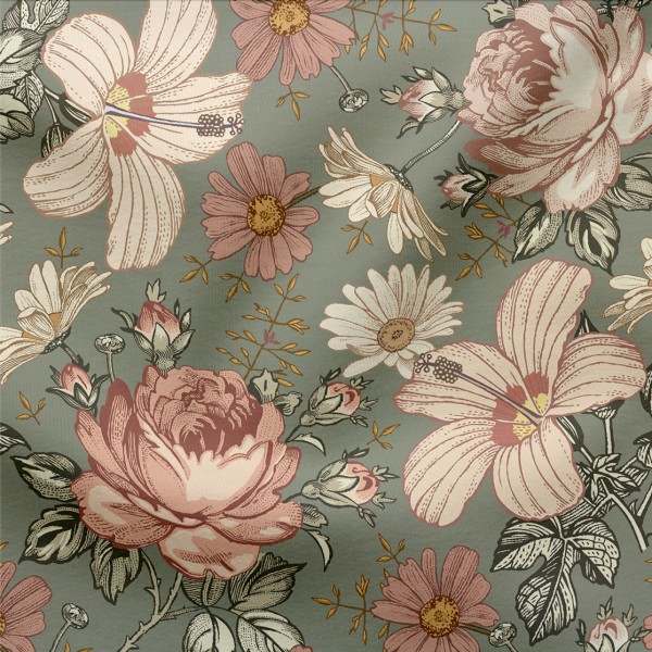 French Terry Vintage Flowers Green