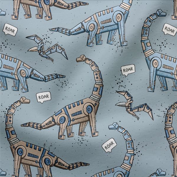 Jersey Stoff Robo Dinos Blau (Bio) VORBESTELLUNG